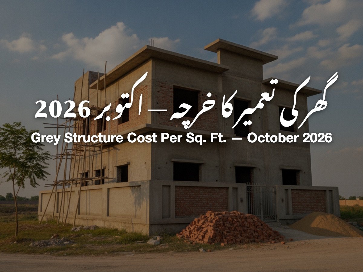 House construction cost October 2026 — grey structure cost per sq ft in Lahore, Pakistan (Rs 3,050)